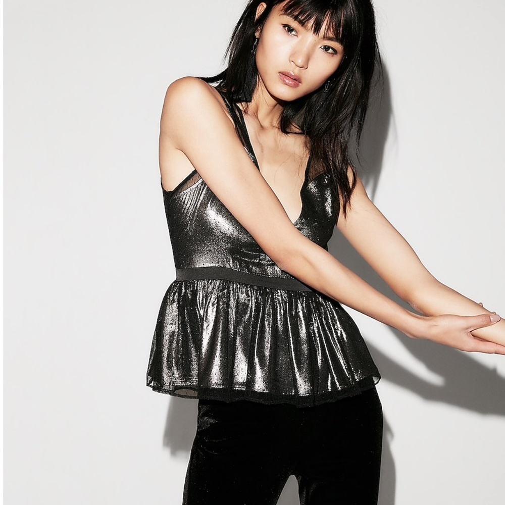 NWOT Express Deep V-Neck Metallic Mesh Tank Black